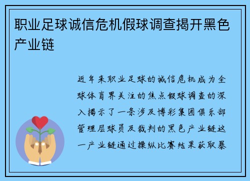 职业足球诚信危机假球调查揭开黑色产业链